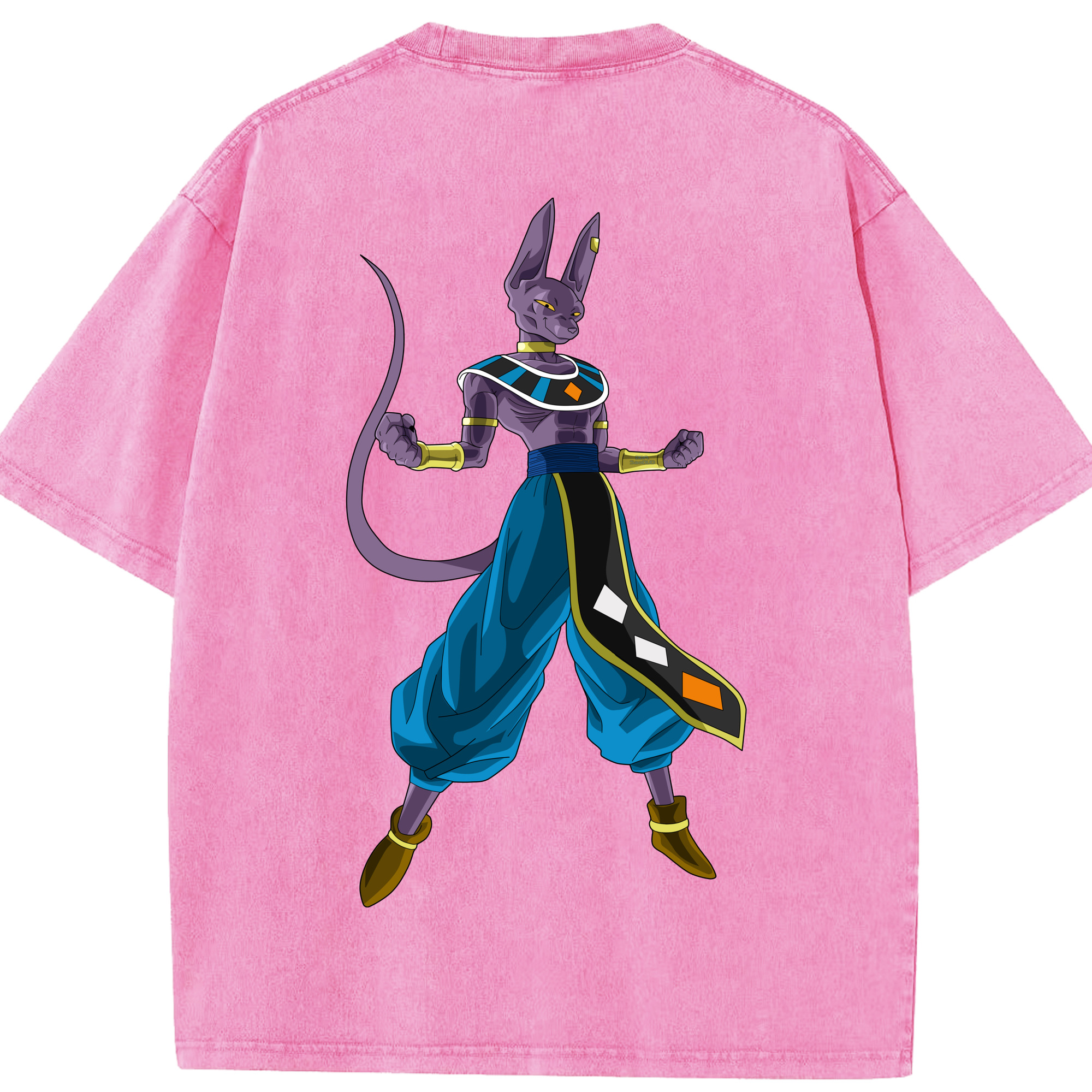 （画像用） ドラゴンボール ビルス 破壊神ビルス DRAGON BALL Beerus Birusu 綿100% ヴィンテージ風 半袖Tシャツ（背面プリント）